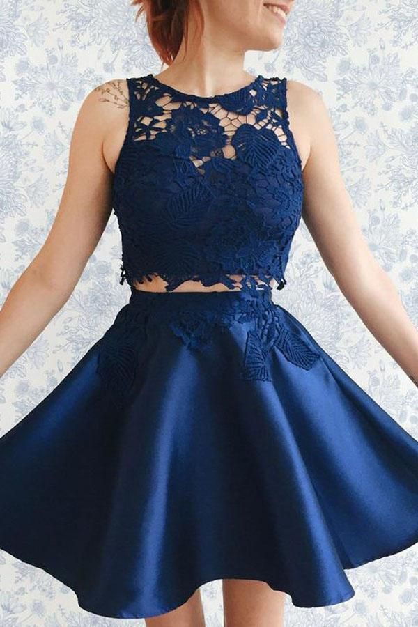 Two Piece Dark Blue Satin Cute Short A-Line Homecoming Dress with Lace Appliques -   19 homecoming dress Lace ideas