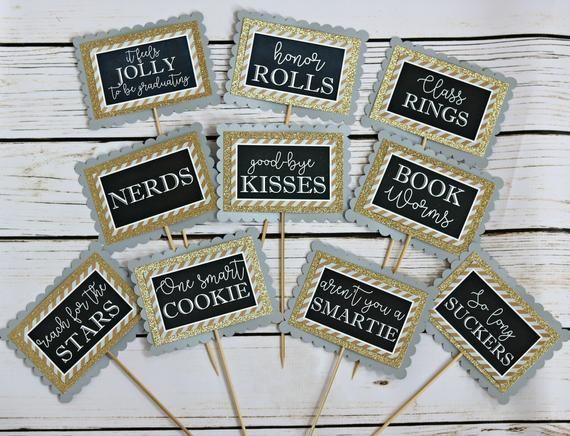 GRADUATION CANDY BUFFET, Candy Bar Labels, Grad Candy Bar, Graduation Dessert Table, Graduation Decorations, Class of 2018, Silver and Gold -   20 desserts Table labels ideas