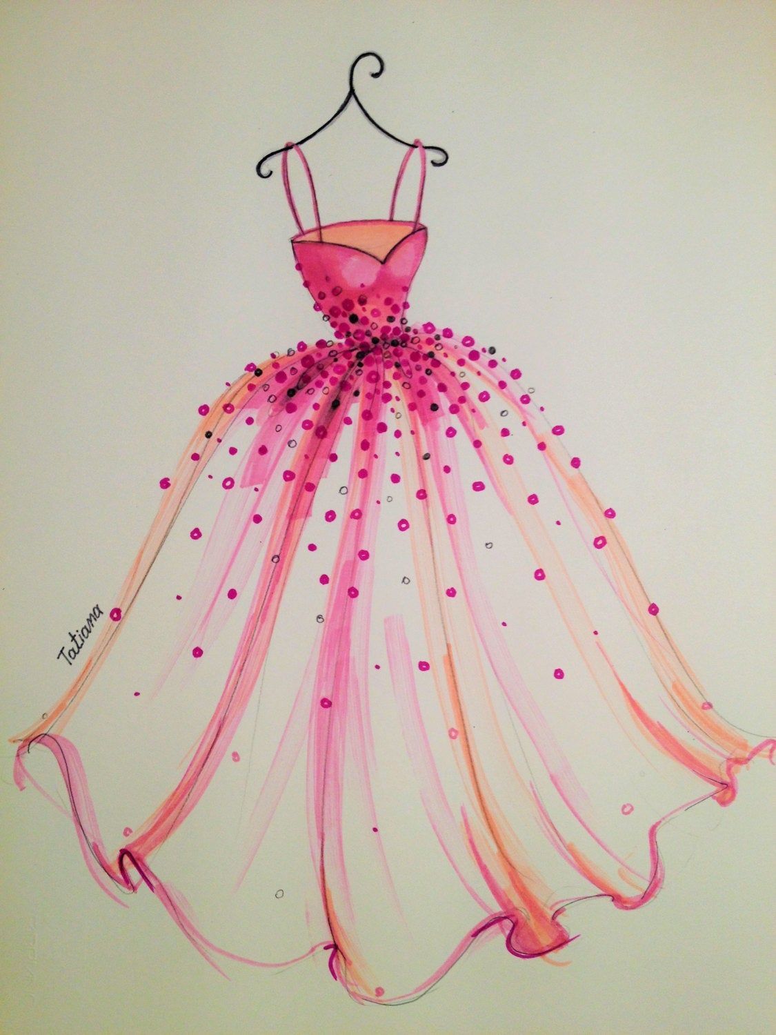 ORIGINAL Fashion Illustration-The Pink Dress -   10 dress Fashion drawing ideas