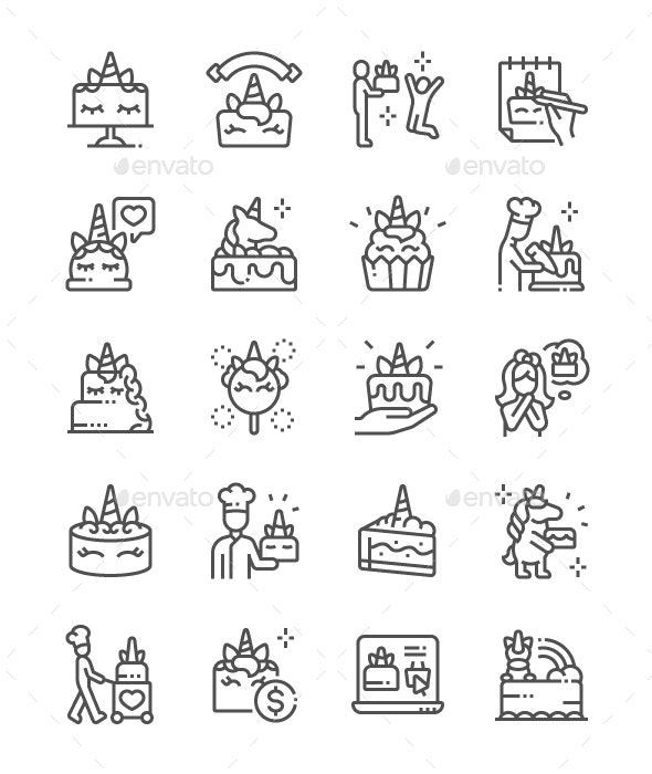 Unicorn Cake Line Icons -   12 cake Illustration line ideas