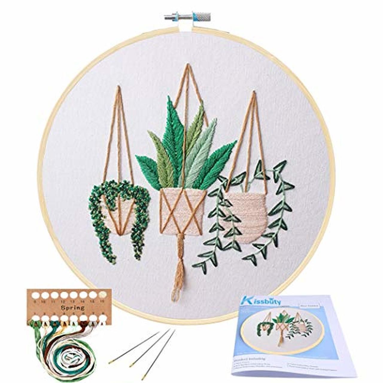 Full Range of Embroidery Starter Kit with Pattern, Kissbuty Cross Stitch Kit Including Embroidery Cloth with Plant Pattern, Bamboo Embroidery Hoop, Color Threads and Tools Kit (Epipremnum Aureum) -   14 plants Pattern clothes ideas