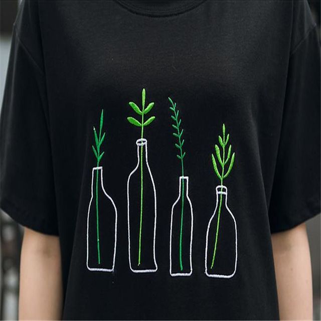 Bottle Plants Pattern Embroidery Tee Shirt Cute Tops -   14 plants Pattern clothes ideas