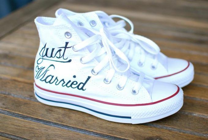 Custom Hand Painted Just Married Converse Sneakers - White Canvas Hi Top Converse Wedding Shoe -   15 wedding Shoes vans ideas