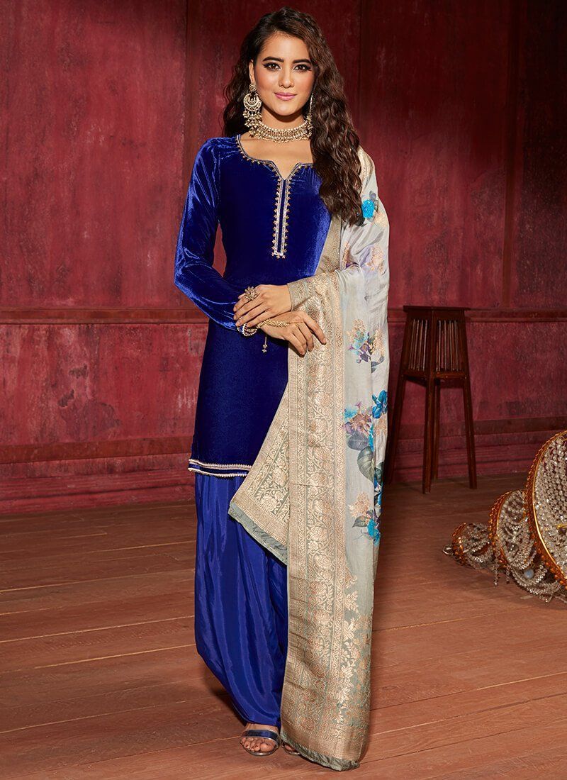 Blue Velvet Punjabi Suit with Brocade Dupatta -   16 dress Indian punjabi ideas