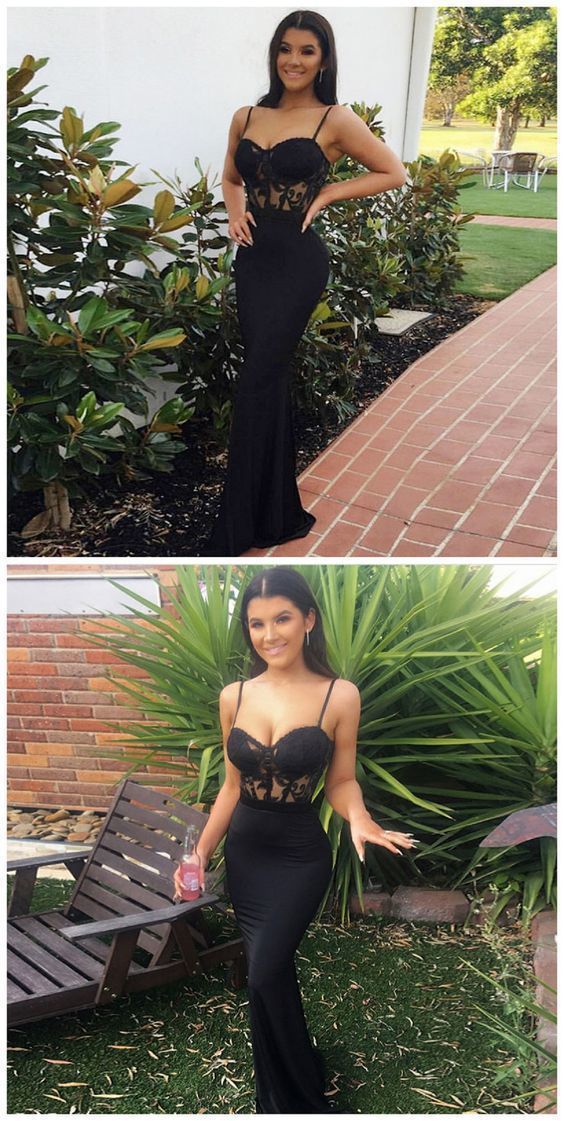 Mermaid Spaghetti Straps Sweep Train Black Prom Dress with Lace  CR 2162 -   16 dress Prom street styles ideas