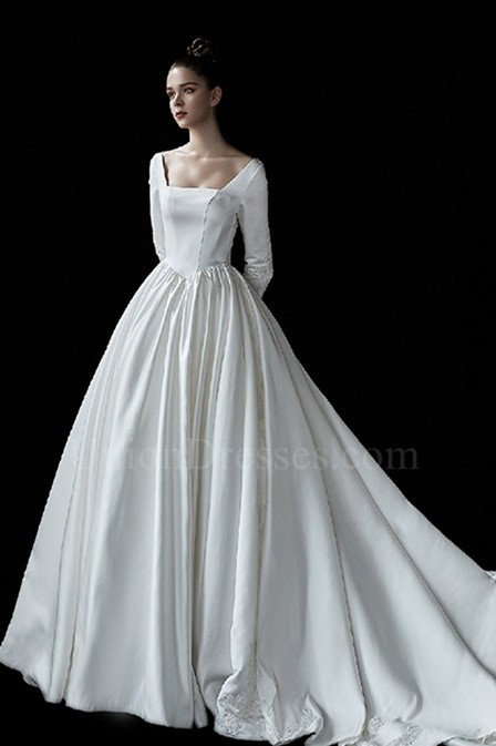 Princess Ball Gown Square Neckline Long Sleeves Sheer Back Wedding Dress With Appliques -   16 wedding Elegant neckline ideas