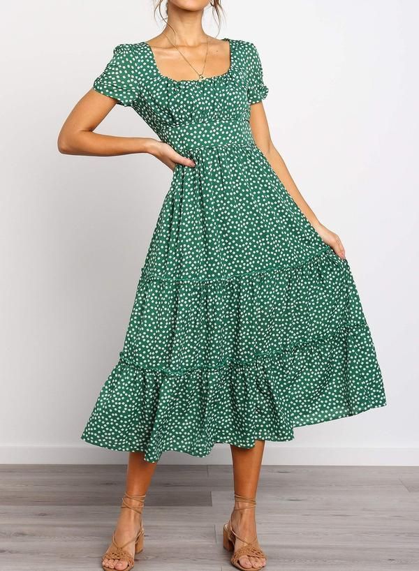 Square Neckline Short Sleeve Floral Ruffled Midi Dress -   17 dress Skirt short ideas