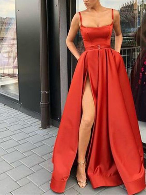 Sexy Long Satin Split Prom Dresses  Red Slit Prom Dress 2020 -   18 dress Cortos amarillo ideas