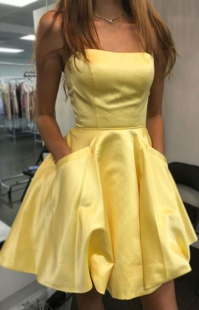 Short Round Neck Yellow Homecoming Dress Satin with Pockets from MychicDress -   18 dress Cortos amarillo ideas