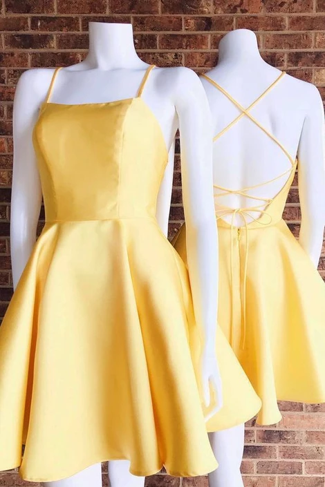 Spaghetti Straps Criss Cross Daffodil Homecoming Dress,homecoming dress,3100 -   18 dress Cortos amarillo ideas