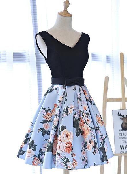 Cute Blue Floral and Black Satin Homecoming Dresses in Stock, Lovely Party Dresses for Teens -   15 dress For Teens black ideas