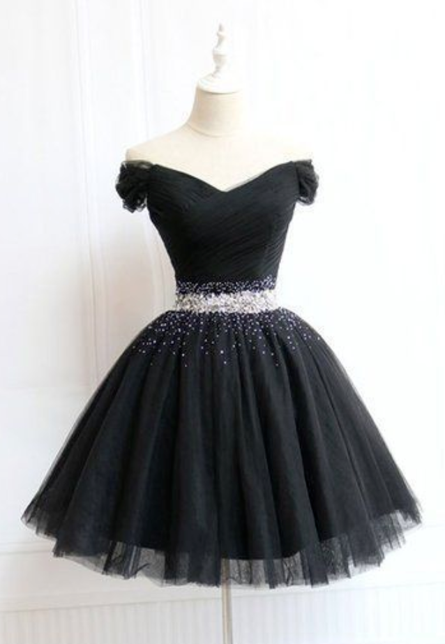 Beautiful Cute Charming Black Tulle V Neck Beaded Short Prom Dress, Black Homecoming Dress -   15 dress For Teens black ideas