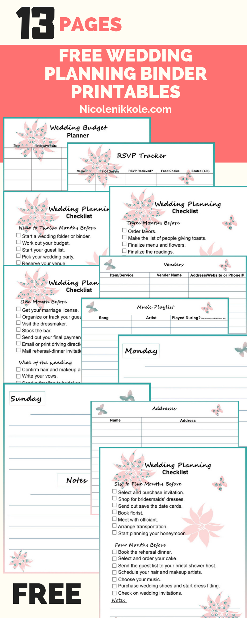 Free Wedding planning checklist -   16 wedding Planner printables ideas