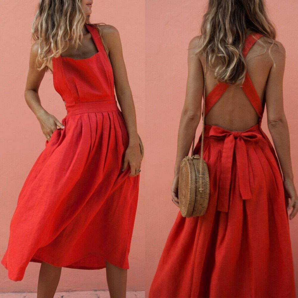 Boho Summer Long Red Dress Women Backless Straps Sleeveless Slim Bandage Maxi Dresses Evening Party Beach Sundress -   17 DIY Clothes Boho summer ideas