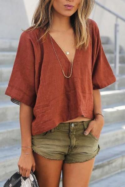 Solid Color Casual Loose Cotton V-Neck Short-Sleeved T-Shirt Top -   17 DIY Clothes Boho summer ideas