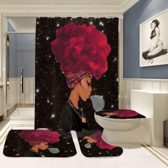 African Woman Blowing Bubbles on Starry Night Shower Curtain Set -   17 room decor For Women curtains ideas