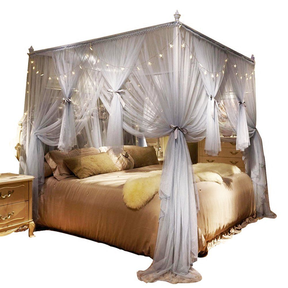 Nattey 4 Corners Post Canopy Bed Curtain For Girls Boys Adults 4 Opening Princess Bedroom Decoration Queen Gray -   17 room decor For Women curtains ideas