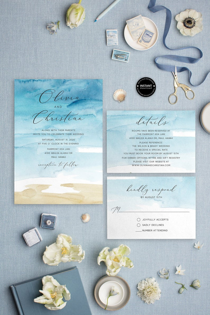 Beach Wedding Invitation Template, Destination Wedding Invitations, Watercolor Wedding Invite, Instant Download, LSS21 -   17 wedding Destination thoughts ideas