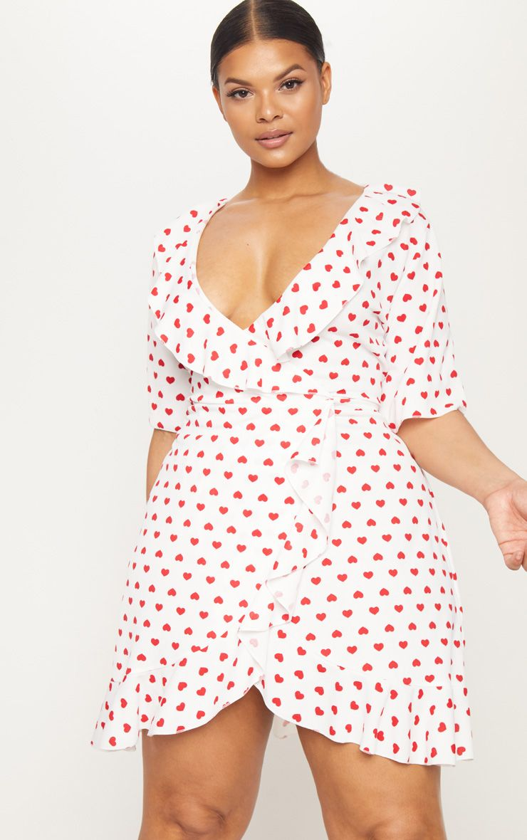 Plus White Heart Print Frill Detail Wrap Dress -   17 wrap dress 2018 ideas