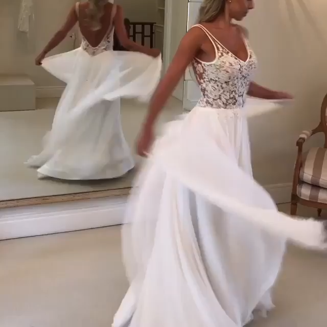 Open Back V-neck Lace Chiffon Wedding Dress -   19 dress White cute ideas