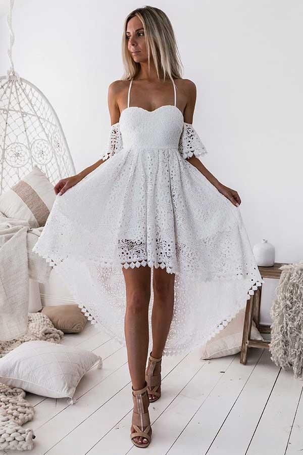 Cheap Comfortable Lace Homecoming Dress, Lace White Homecoming Dress, Short Homecoming Dress, High Low Prom Dresses -   19 dress White cute ideas