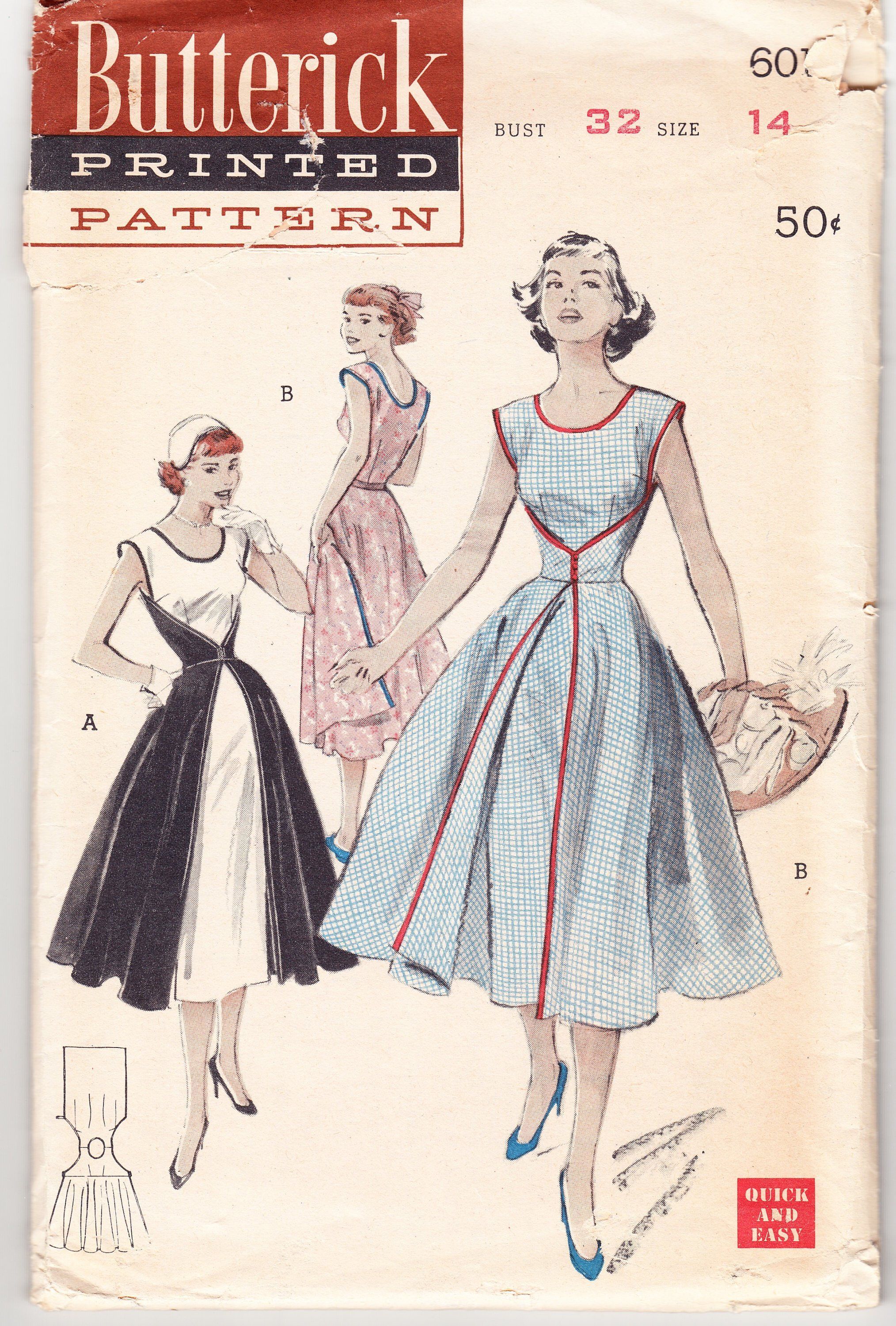 Vintage 1952 Original Butterick 6015 Sewing Pattern Walk-Away One Piece Dress Size 14 Bust 32 -   23 vintage dress Fashion ideas