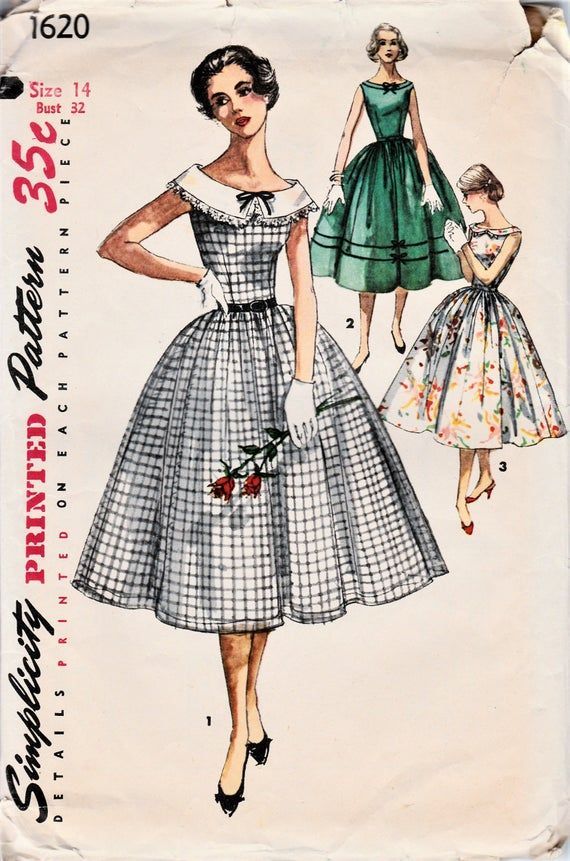 1950s Vintage Dress Pattern, 50s Vintage Rockabilly Dress, Rounded Neckline, Detachable Collar, Gathered Skirt, B 32, Simplicity 1620, Sz 14 -   23 vintage dress Fashion ideas