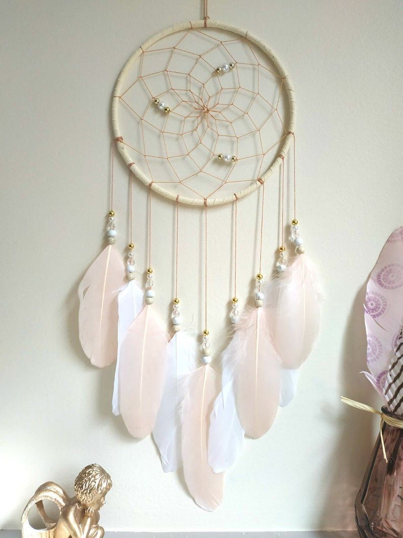 Boho Feathers Dreamcatcher Wall Hanging Dream Catcher Blush Pink Girls Room Decor -   9 room decor Boho sleep ideas