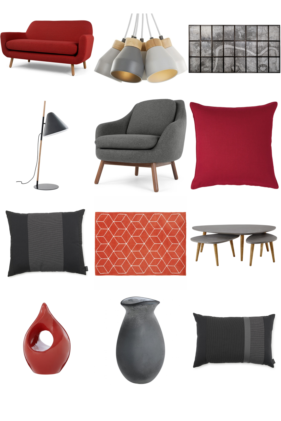Red and Grey Living Room - Furnishful's Living Room Ideas - Inspiration Boards | Furnishful -   14 home accessories Grey interior design ideas