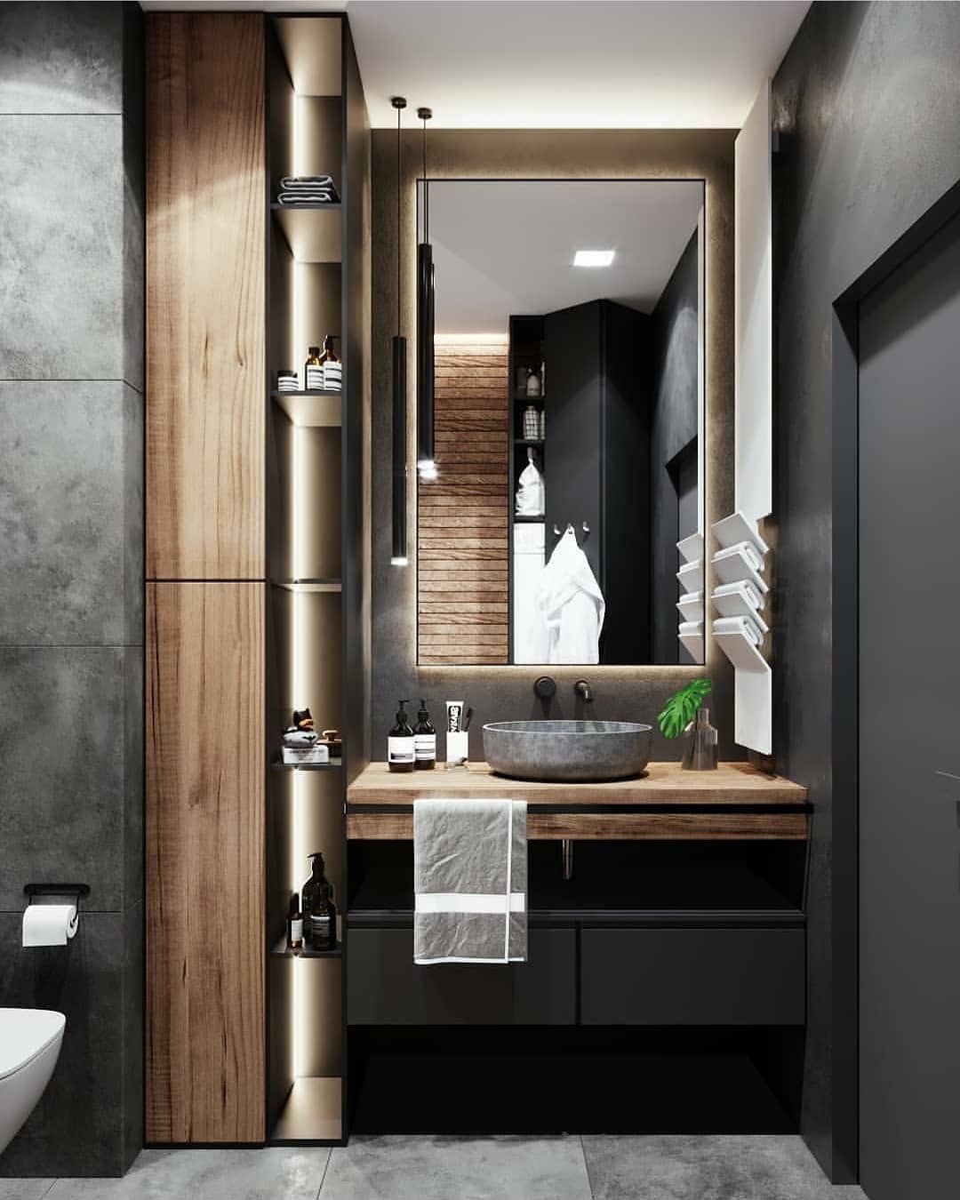 HOME DECOR & DESIGN on Instagram: “Swipe left! Would you take a shower in here? рџ?Ќ This bathroom combines dark colors, such as black and grey with an wooden interior design.…” -   14 home accessories Grey interior design ideas