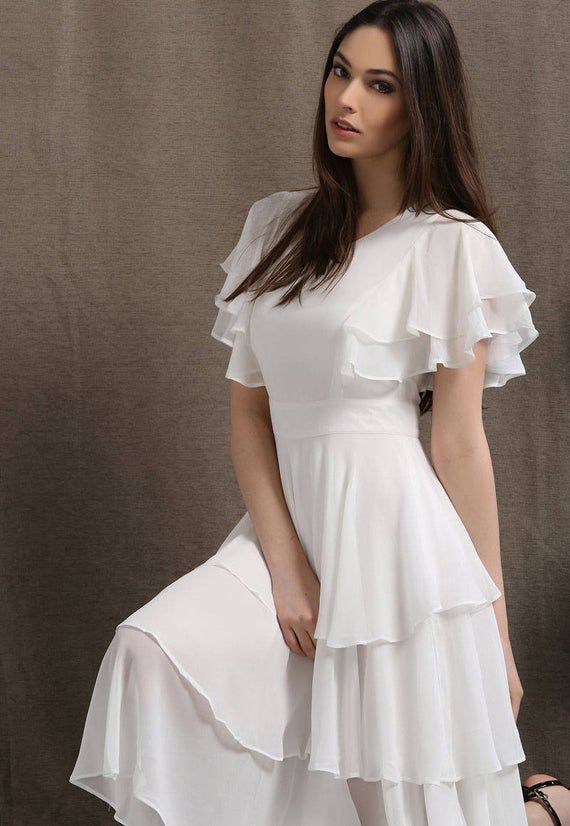 Womens dress, white chiffon dress, chiffon dress, ruffle dress, midi dress, summer dress, white prom dress, party dress C429. -   16 dress Designs ruffles ideas