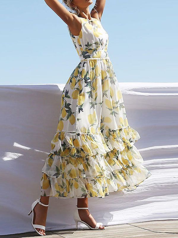 White Lemon Print Cascading Ruffle Pleated Bohemian Beachwear Maxi Dress -   16 dress Designs ruffles ideas