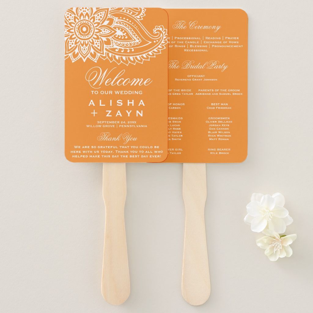 Orange Indian Paisley Wedding Program Hand Fan | Zazzle.com -   17 indian wedding Ceremony ideas