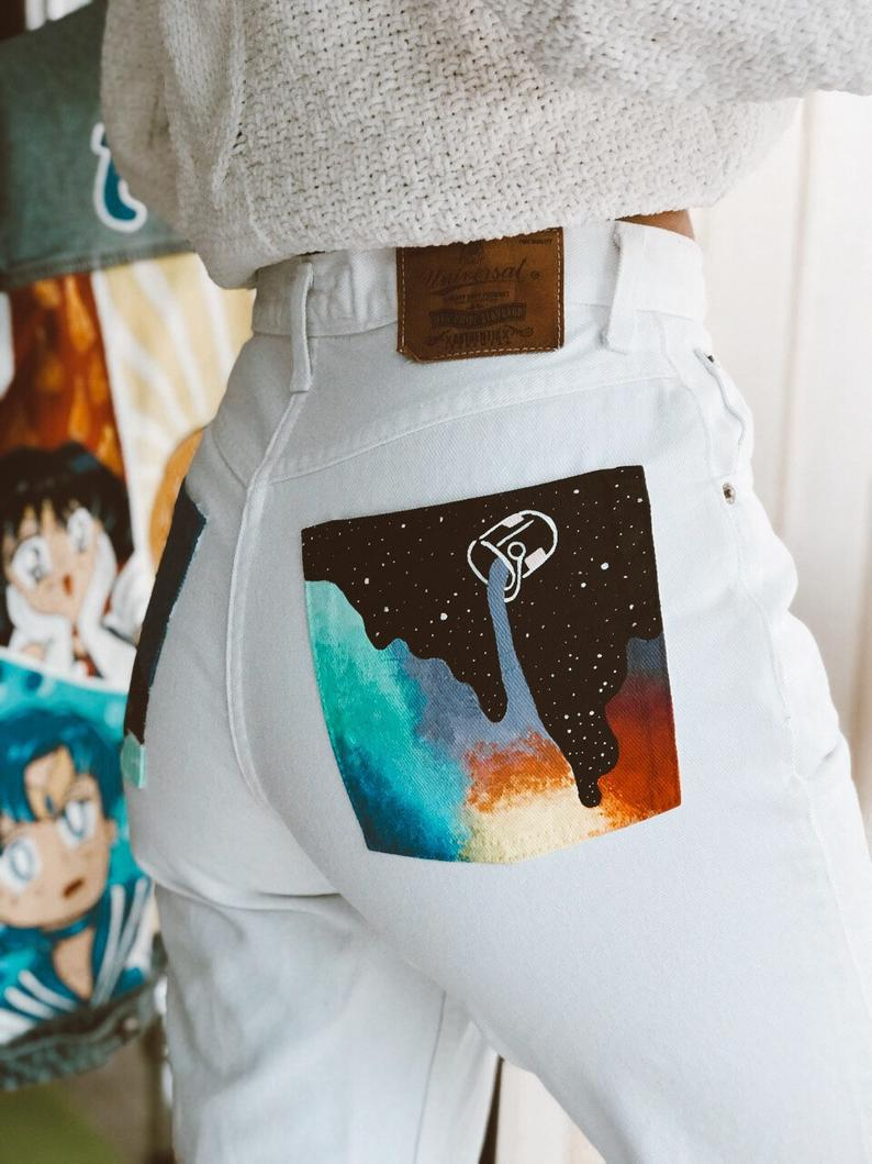 Hand painted mom jeans with space girl on pockets Handpainted clothing Custom 80's 90's vintage jeans -   18 DIY Clothes Jeans mom ideas