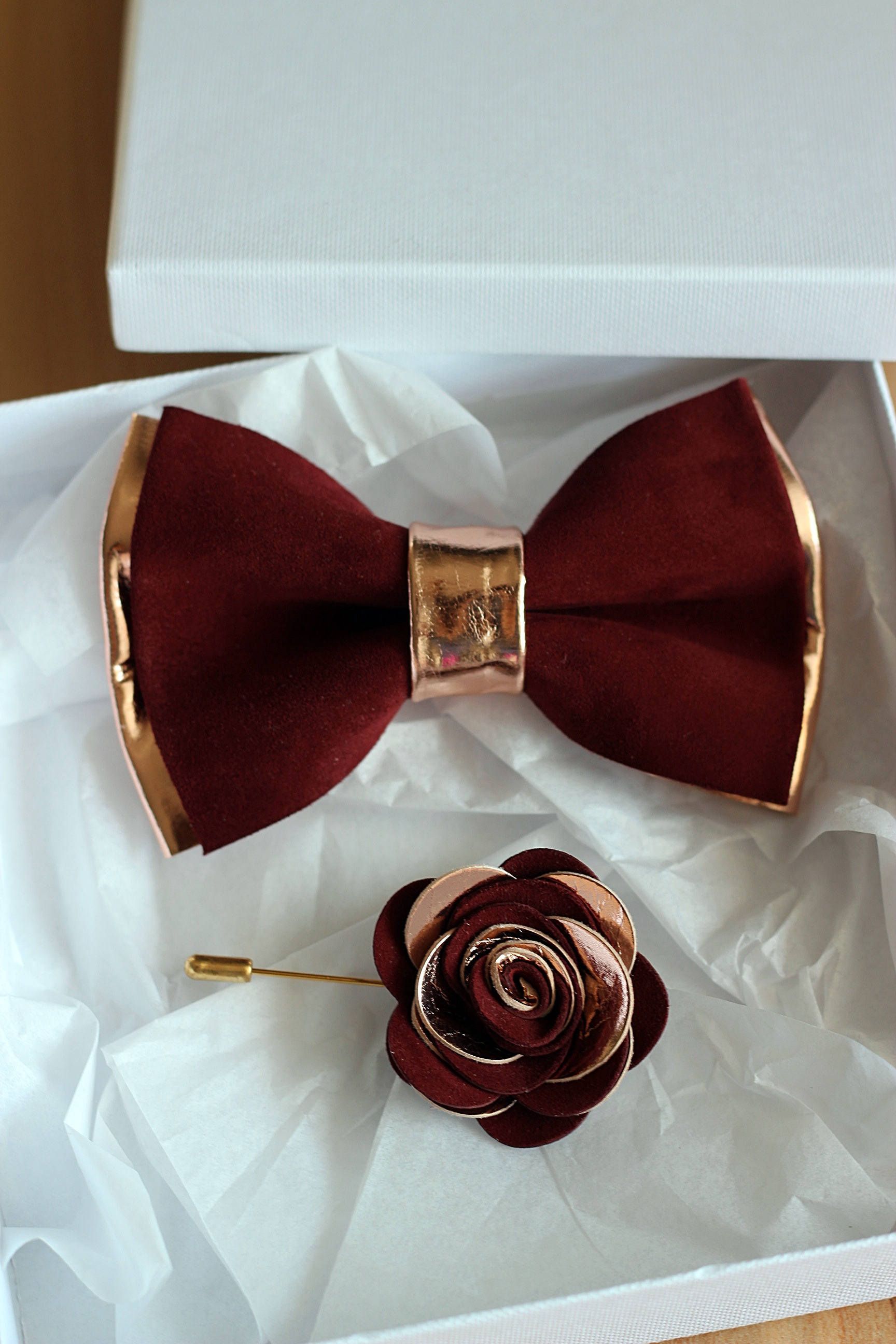 Rose Gold and burgundy leather bow tie for men,boys rose gold wedding bow tie, boutonnere, maroon, gold toddler bowtie,rose gold bow tie -   18 wedding Burgundy and gold ideas