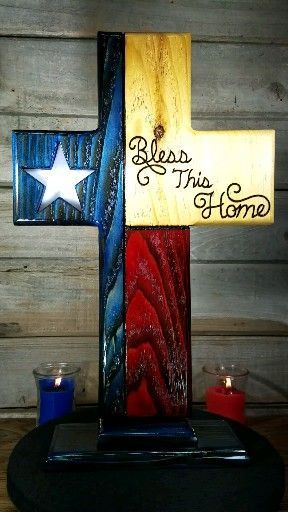 Bless This Home Texas flag cross with a stained glass star -   22 wood and fabric crafts Videos ideas