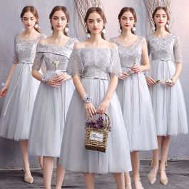Affordable Grey Bridesmaid Dresses 2019 A-Line / Princess Appliques Lace Sash Short Ruffle Backless Wedding Party Dresses -   10 dress Brokat pendek ideas