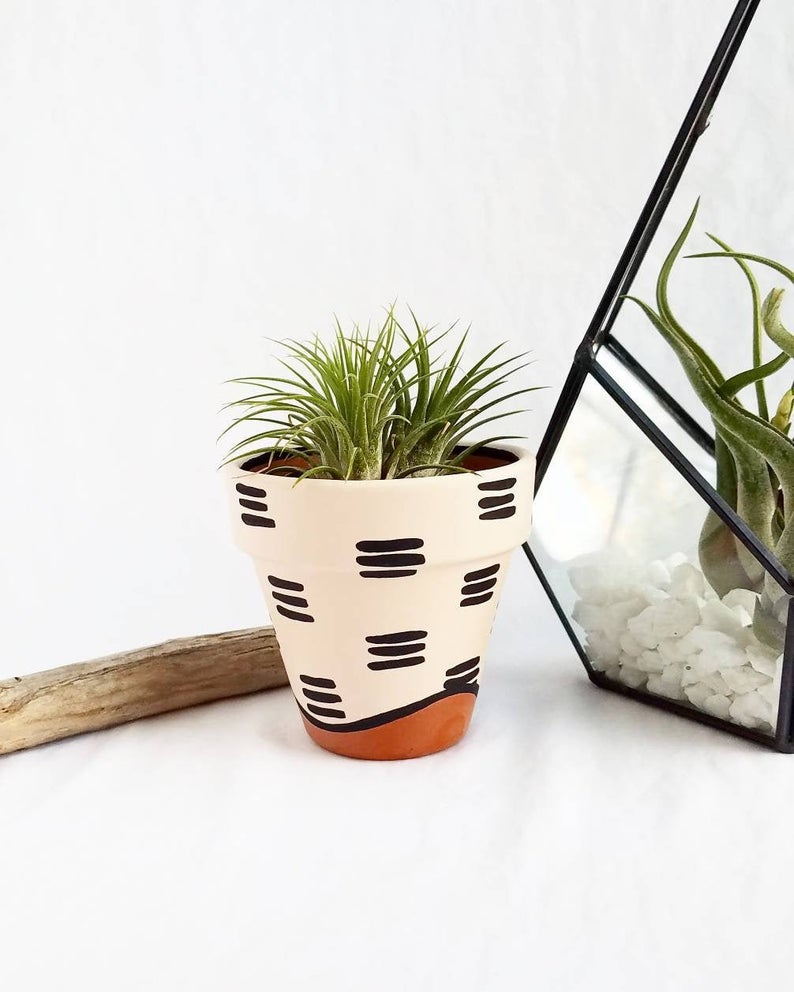 Hand painted terra cotta pot, tan and white or tan and black terra cotta pot with varnish, indoor planter with drainage hole. -   11 planting Painting flower pots ideas