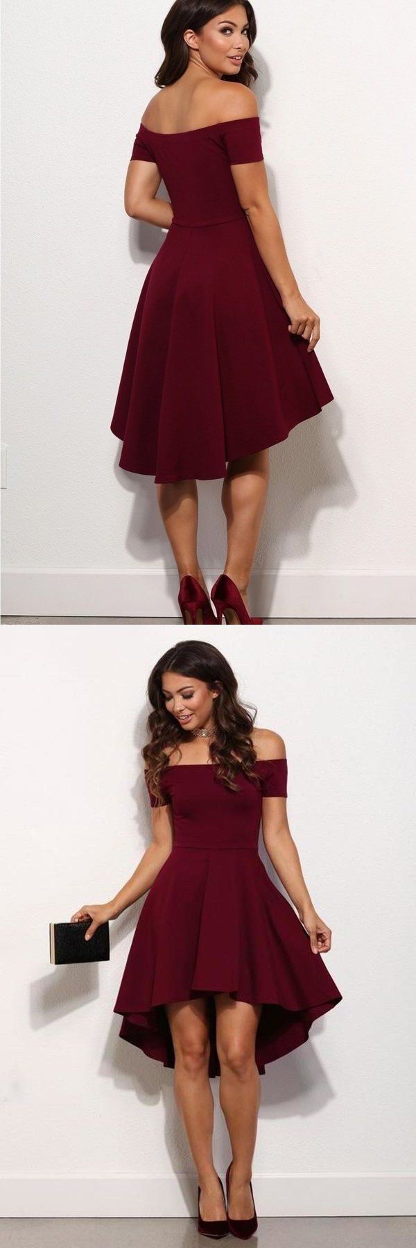 Short A Line Burgundy Off the Shoulder High Low Knee Length Satin Homecoming Dresses -   14 homecoming dress Yellow ideas