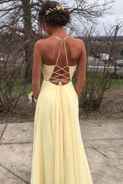 Halter Long Prom Dress with Side Slit,Pastel Yellow Long Evening Party Dresses -   14 homecoming dress Yellow ideas
