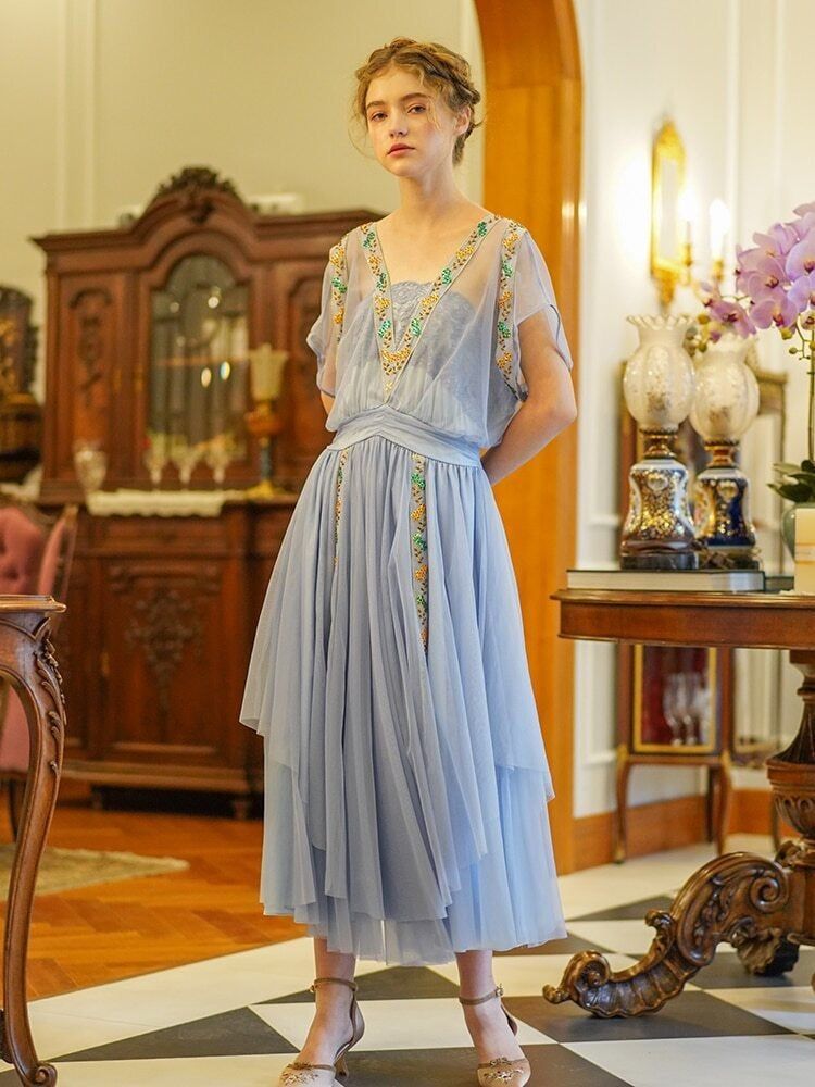 Fairy Vintage Blue Dress | Imperial Flower Embroidery Dress | 1920s Dress | Lace Dress | Prairie Dress | Maxi Dress | Bohemian Dress | VTG -   15 dress Maxi vintage ideas