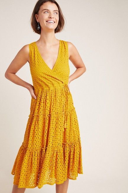 Anthropologie Yellow Frye Nuri Eyelet Wrap Cotton Mid-length Short Casual Dress Size 12 (L) 45% off retail -   17 dress Yellow awesome ideas
