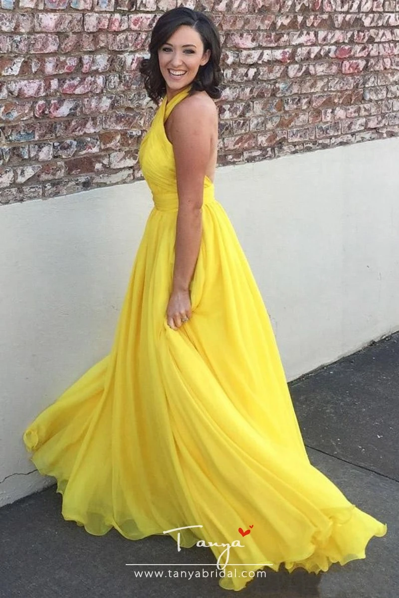 Bridesmaid Dresses Yellow Chiffon for Junior Wedding Party Guest Gown Maid of Honor Halter Backless Custom made -   17 dress Yellow awesome ideas