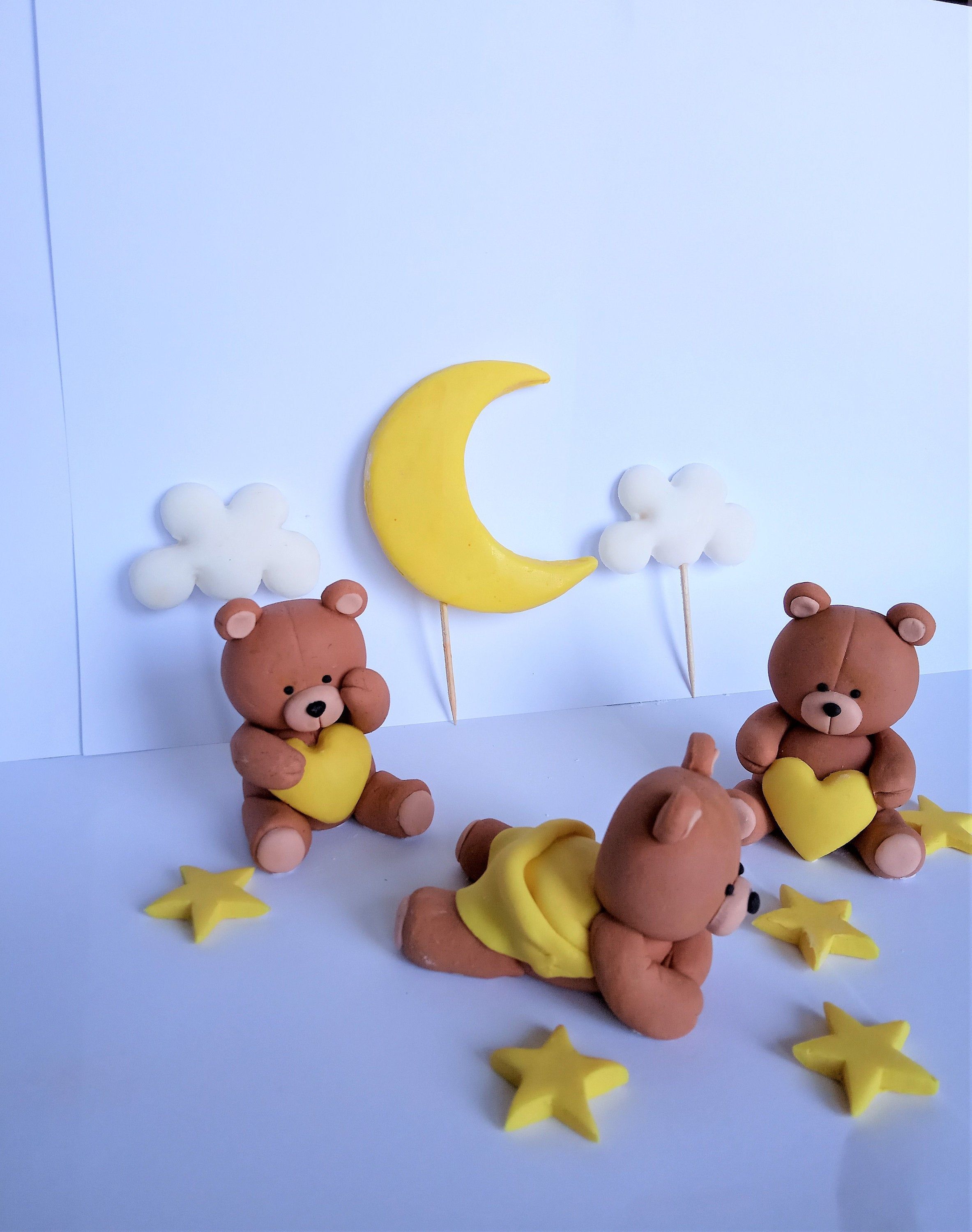 Fondant Teddy Bears with moon and clouds Cake Topper, Fondant Cake Topper for Birthday or Baby Shower, Personalised -   18 cake Fondant products ideas
