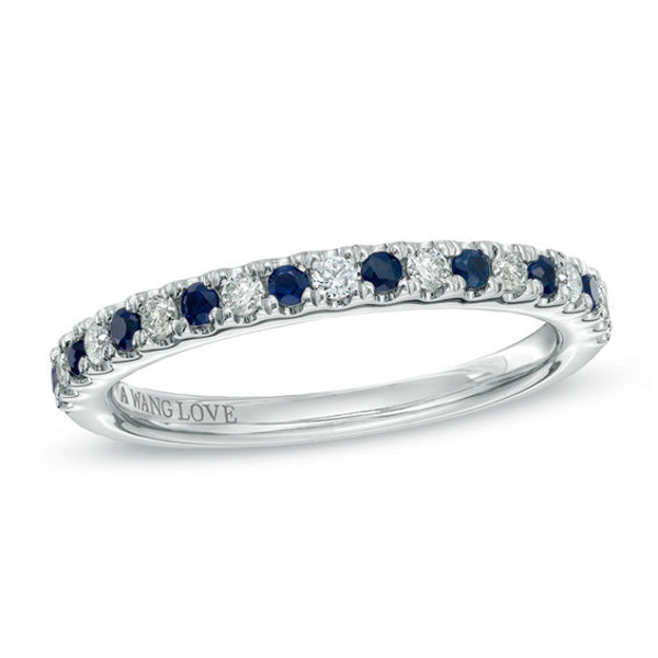 Vera Wang Love Collection 1/8 CT. T.W. Diamond and Blue Sapphire Wedding Band in 14K White Gold|Zales -   18 sapphire wedding Bands ideas