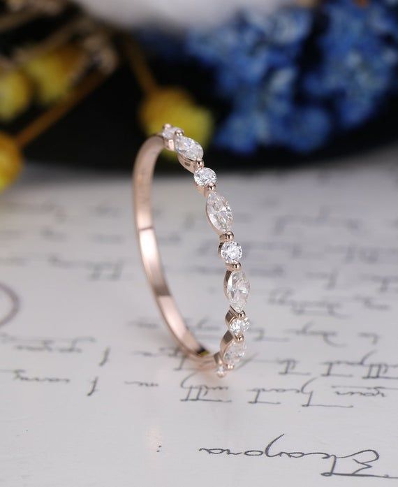 Vintage Rose gold wedding band marquise cut Natural Diamond Moissanite band Unique half eternity Bridal Matching Stacking band Anniversary -   18 sapphire wedding Bands ideas
