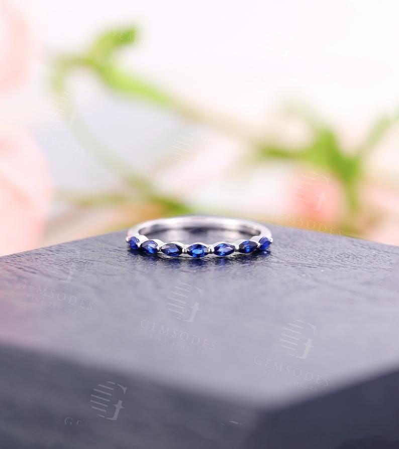 Vintage Sapphire Wedding Band Women, Marquise cut white gold wedding ring, Unique Stacking Bridal ring,Promise Ring Anniversary gift for Her -   18 sapphire wedding Bands ideas