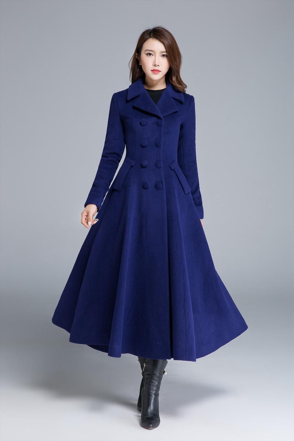 Winter coat vintage, wool coat, womens coat, blue wool coat, long wool coat, fit and flare coat, double breasted coat, xiaolizi 1685# -   19 dress Blue winter ideas