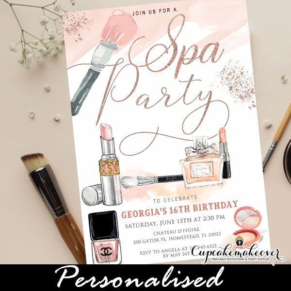 Glam Rose Gold Spa Party Invites, Makeup Pamper Day - Cupcakemakeover -   19 makeup Party invites ideas