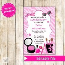 Glamour Invitation - Girl Birthday Party Makeup Invite Printable Editable File INSTANT DOWNLOAD -   19 makeup Party invites ideas